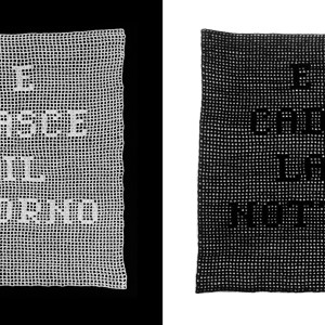 Le jour nait, la nuit tombe (2015, filet crochet, 53 x 41 each)